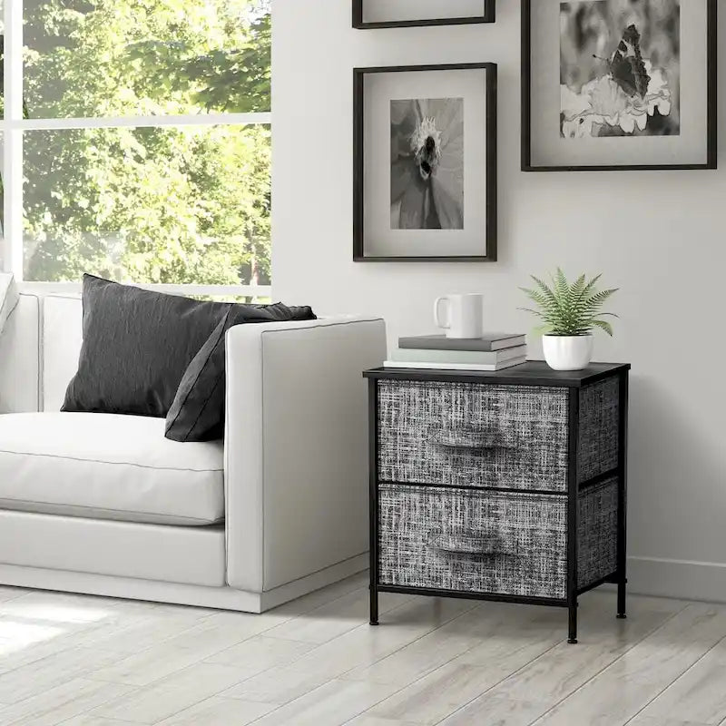 2 Drawer Nightstand Dresser Organizer Steel Frame Wood Top Fabric Bins