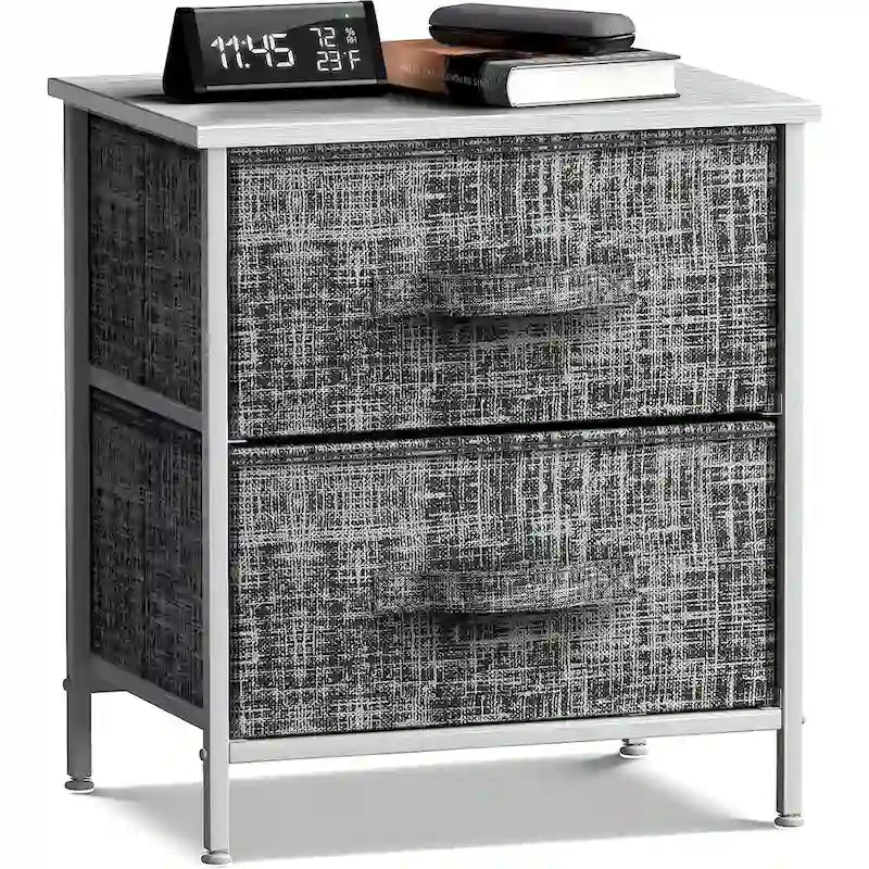 2 Drawer Nightstand Dresser Organizer Steel Frame Wood Top Fabric Bins