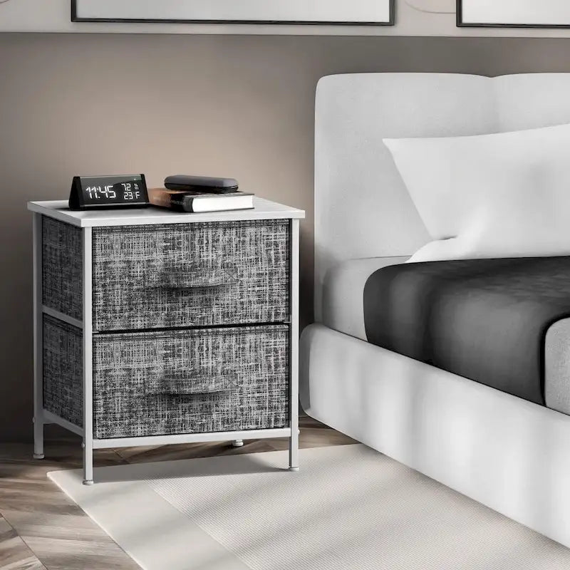 2 Drawer Nightstand Dresser Organizer Steel Frame Wood Top Fabric Bins
