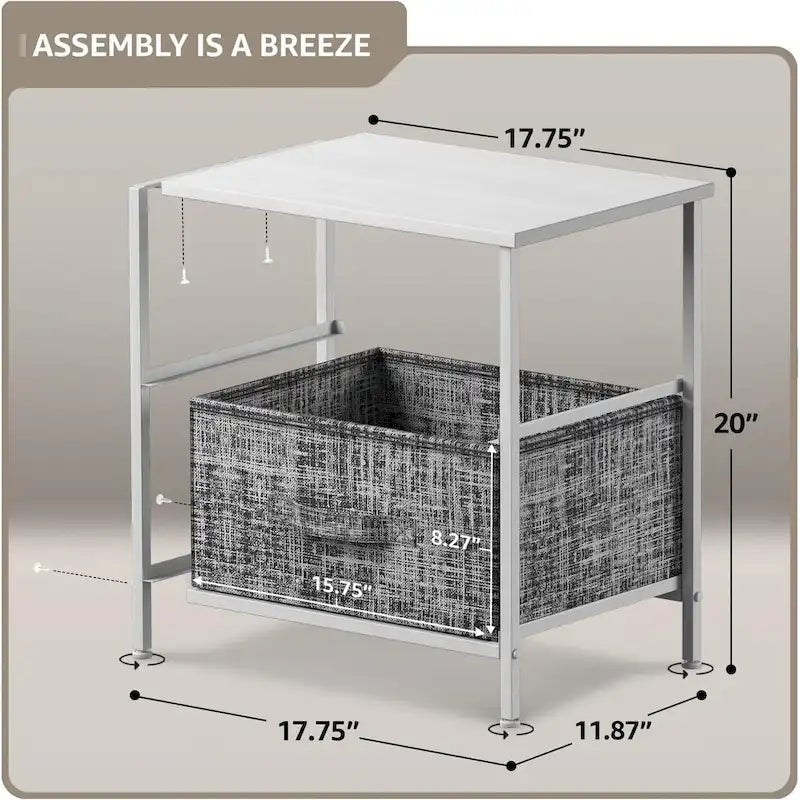 2 Drawer Nightstand Dresser Organizer Steel Frame Wood Top Fabric Bins