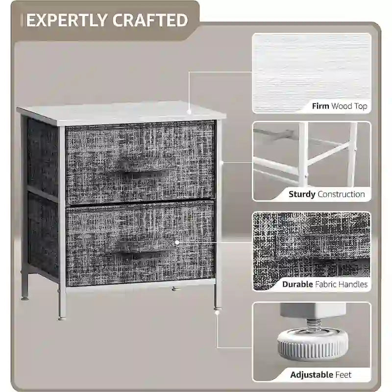 2 Drawer Nightstand Dresser Organizer Steel Frame Wood Top Fabric Bins