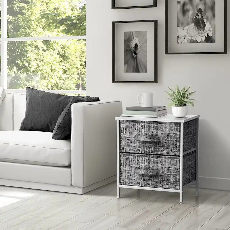 2 Drawer Nightstand Dresser Organizer Steel Frame Wood Top Fabric Bins