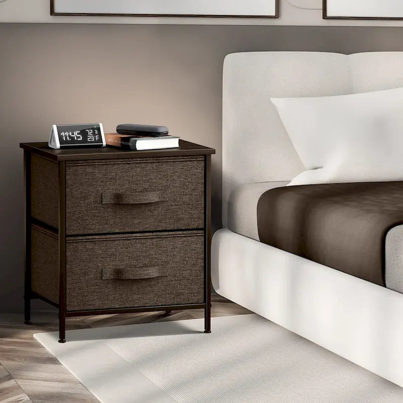 2 Drawer Nightstand Dresser Organizer Steel Frame Wood Top Fabric Bins