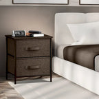 2 Drawer Nightstand Dresser Organizer Steel Frame Wood Top Fabric Bins