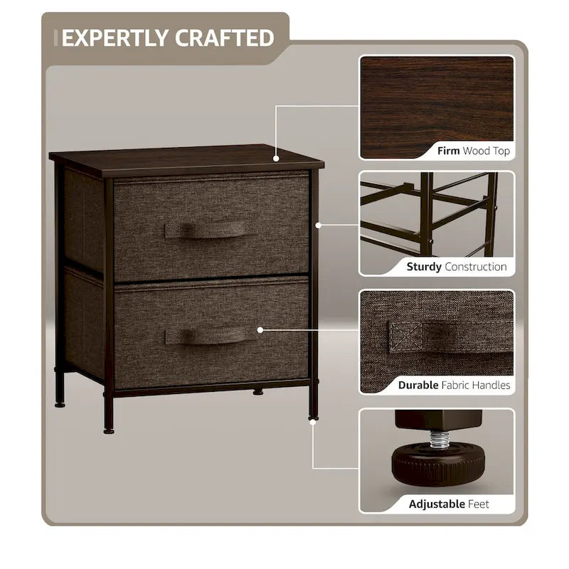 2 Drawer Nightstand Dresser Organizer Steel Frame Wood Top Fabric Bins