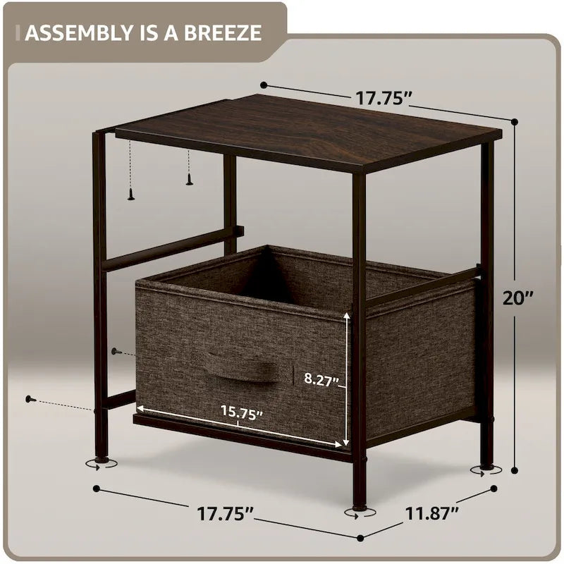 2 Drawer Nightstand Dresser Organizer Steel Frame Wood Top Fabric Bins