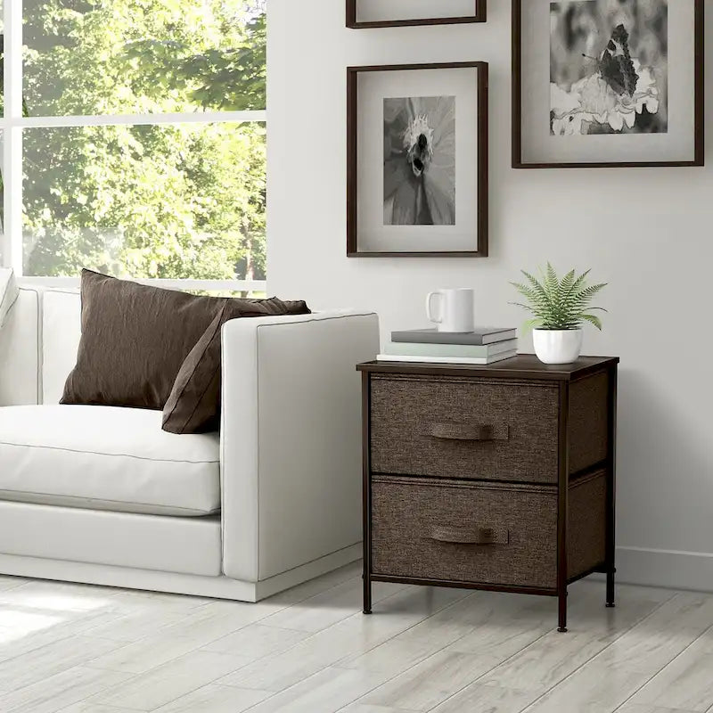 2 Drawer Nightstand Dresser Organizer Steel Frame Wood Top Fabric Bins