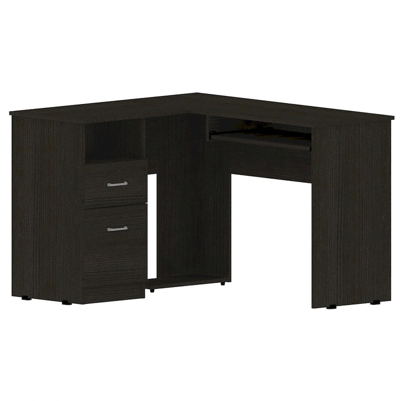 TUHOME Mix L-Shaped Desk with Open Shelving, 2 Drawers, and a Retractable Keyboard