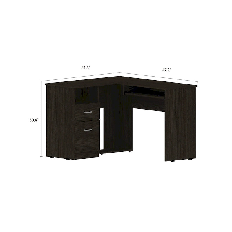 TUHOME Mix L-Shaped Desk with Open Shelving, 2 Drawers, and a Retractable Keyboard