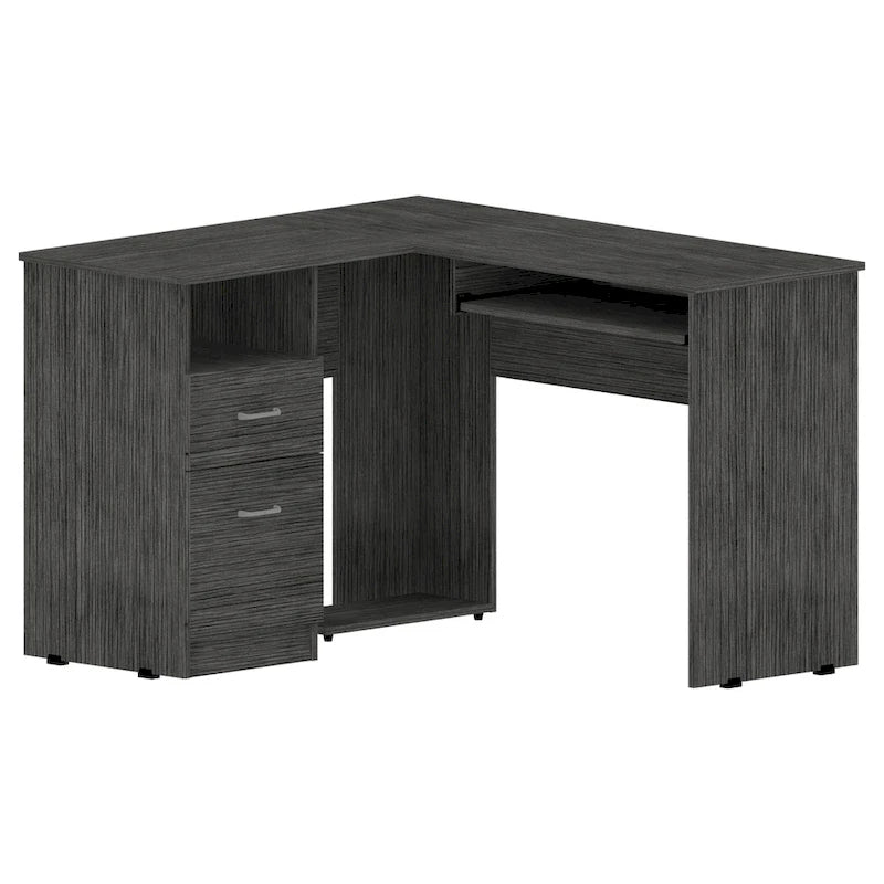TUHOME Mix L-Shaped Desk with Open Shelving, 2 Drawers, and a Retractable Keyboard