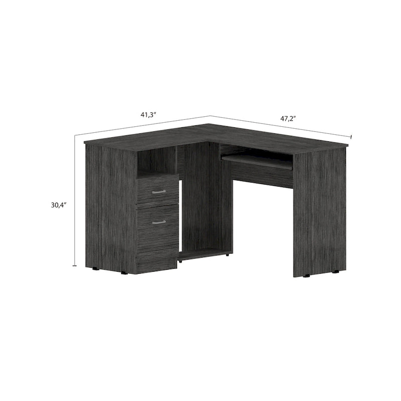 TUHOME Mix L-Shaped Desk with Open Shelving, 2 Drawers, and a Retractable Keyboard
