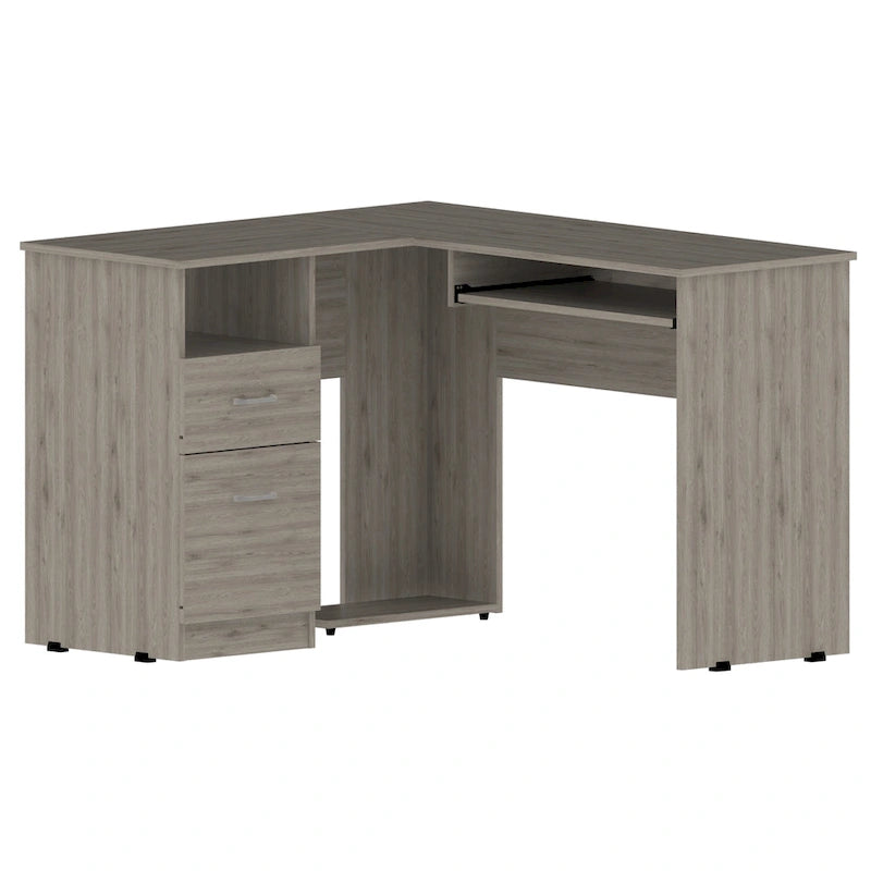 TUHOME Mix L-Shaped Desk with Open Shelving, 2 Drawers, and a Retractable Keyboard