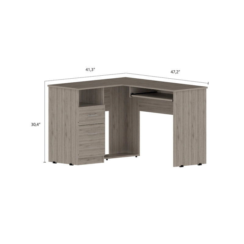 TUHOME Mix L-Shaped Desk with Open Shelving, 2 Drawers, and a Retractable Keyboard