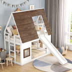 Wood Twin Size House Bunk Bed with Roof, Ladder and Slide, White+Brown