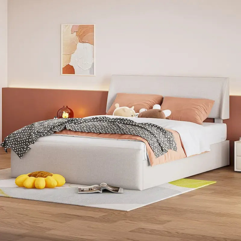 Queen Size Sleigh Bed with Side-Tilt Hydraulic Storage System, Linen Upholstery, Beige