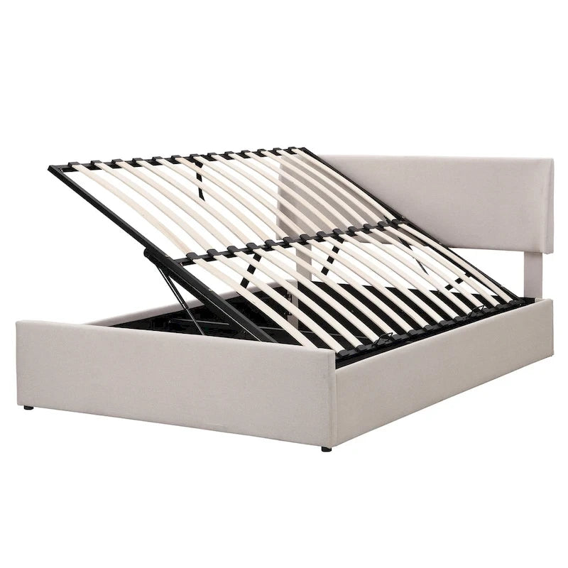 Queen Size Sleigh Bed with Side-Tilt Hydraulic Storage System, Linen Upholstery, Beige