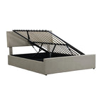 Queen Size Sleigh Bed with Side-Tilt Hydraulic Storage System, Linen Upholstery, Beige