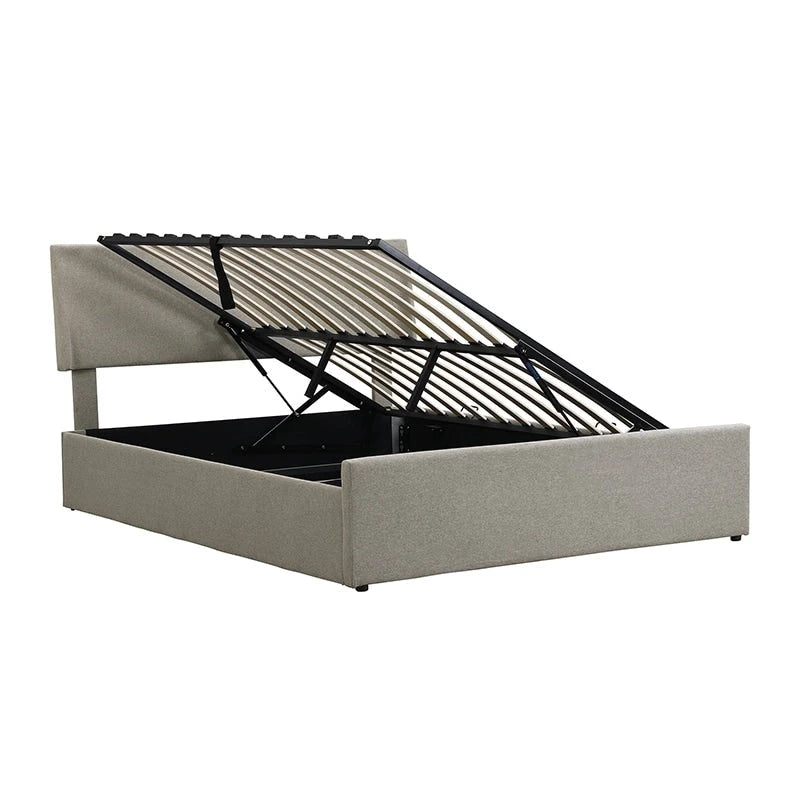 Queen Size Sleigh Bed with Side-Tilt Hydraulic Storage System, Linen Upholstery, Beige