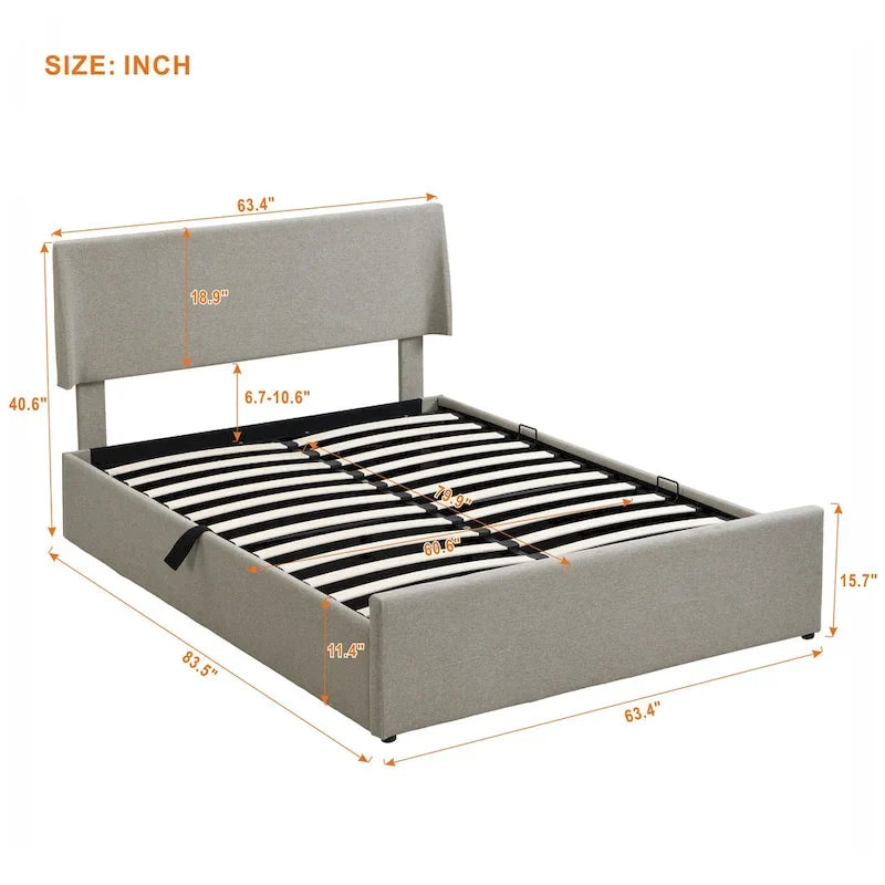 Queen Size Sleigh Bed with Side-Tilt Hydraulic Storage System, Linen Upholstery, Beige