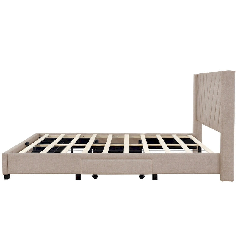 Queen Size Sleigh Bed with Side-Tilt Hydraulic Storage System, Linen Upholstery, Beige