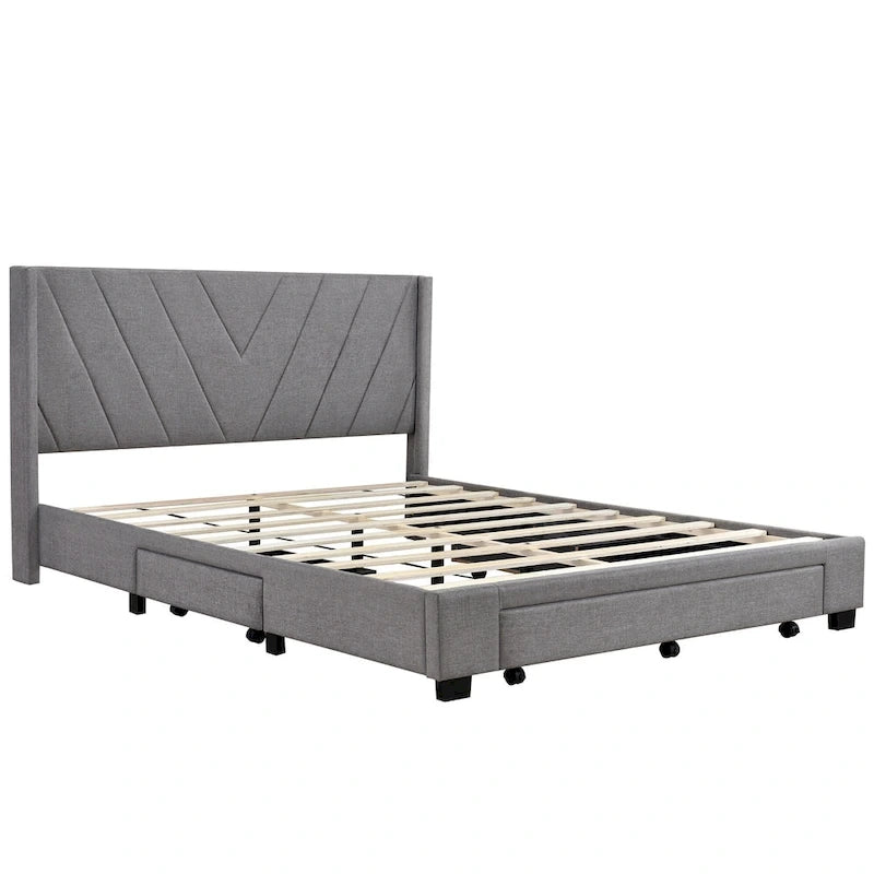Queen Size Sleigh Bed with Side-Tilt Hydraulic Storage System, Linen Upholstery, Beige