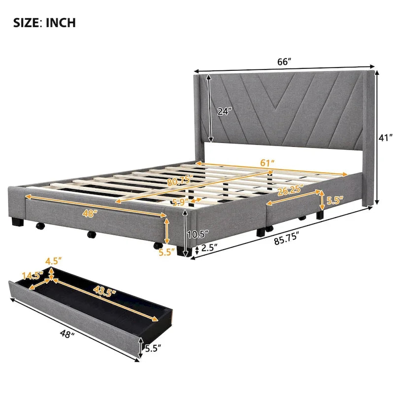 Queen Size Sleigh Bed with Side-Tilt Hydraulic Storage System, Linen Upholstery, Beige