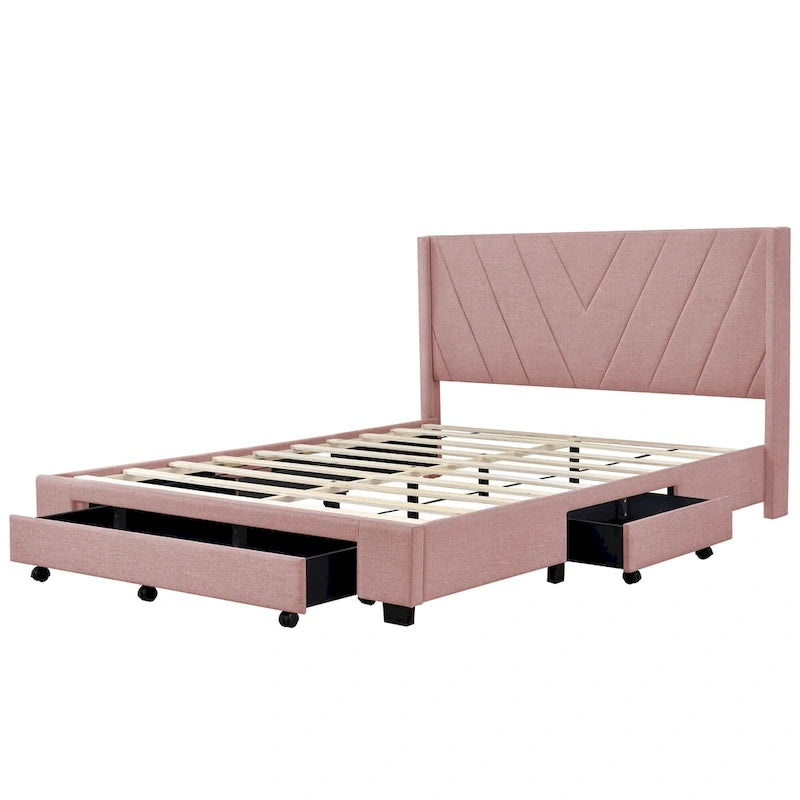 Queen Size Sleigh Bed with Side-Tilt Hydraulic Storage System, Linen Upholstery, Beige
