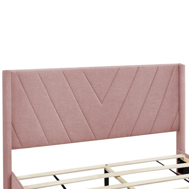 Queen Size Sleigh Bed with Side-Tilt Hydraulic Storage System, Linen Upholstery, Beige