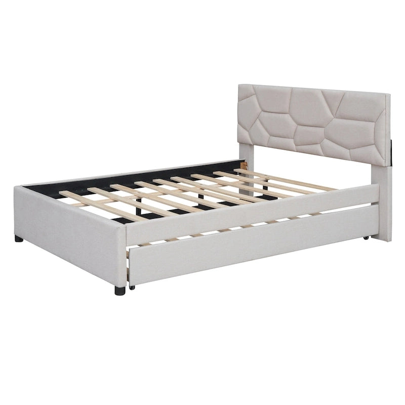Full Size Upholstered Platform Bed with Brick Pattern Headboard and Twin Size Trundle, Linen Fabric, Beige