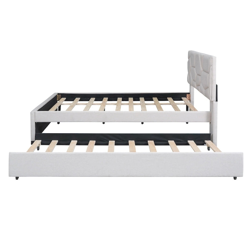Full Size Upholstered Platform Bed with Brick Pattern Headboard and Twin Size Trundle, Linen Fabric, Beige