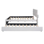 Full Size Upholstered Platform Bed with Brick Pattern Headboard and Twin Size Trundle, Linen Fabric, Beige