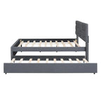 Full Size Upholstered Platform Bed with Brick Pattern Headboard and Twin Size Trundle, Linen Fabric, Beige