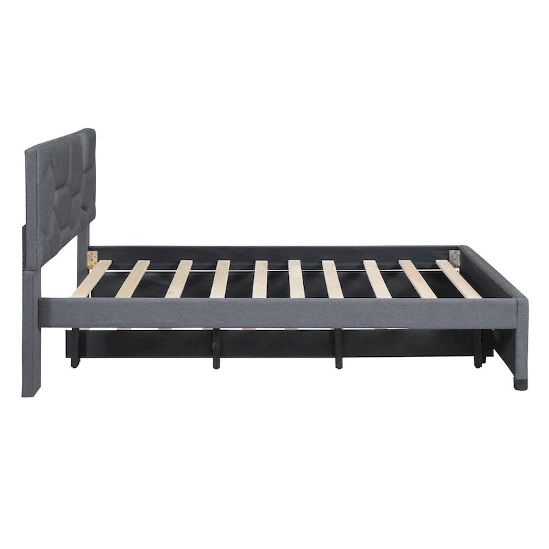 Full Size Upholstered Platform Bed with Brick Pattern Headboard and Twin Size Trundle, Linen Fabric, Beige