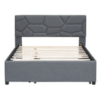 Full Size Upholstered Platform Bed with Brick Pattern Headboard and Twin Size Trundle, Linen Fabric, Beige