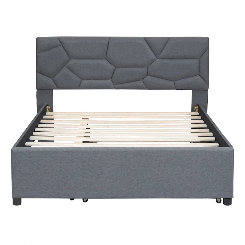 Full Size Upholstered Platform Bed with Brick Pattern Headboard and Twin Size Trundle, Linen Fabric, Beige