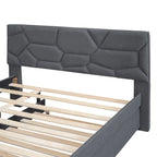 Full Size Upholstered Platform Bed with Brick Pattern Headboard and Twin Size Trundle, Linen Fabric, Beige