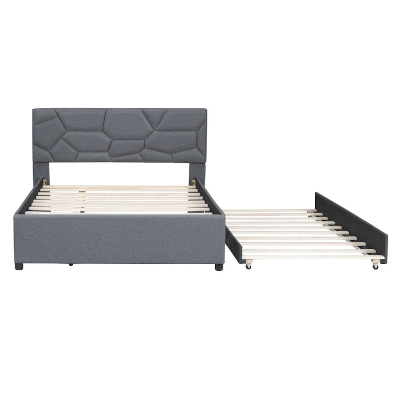 Full Size Upholstered Platform Bed with Brick Pattern Headboard and Twin Size Trundle, Linen Fabric, Beige