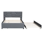 Full Size Upholstered Platform Bed with Brick Pattern Headboard and Twin Size Trundle, Linen Fabric, Beige