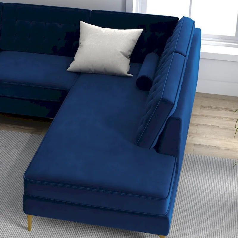 Caterine Navy Blue Velvet Tufted Modern Living Room Corner Sectional Couch