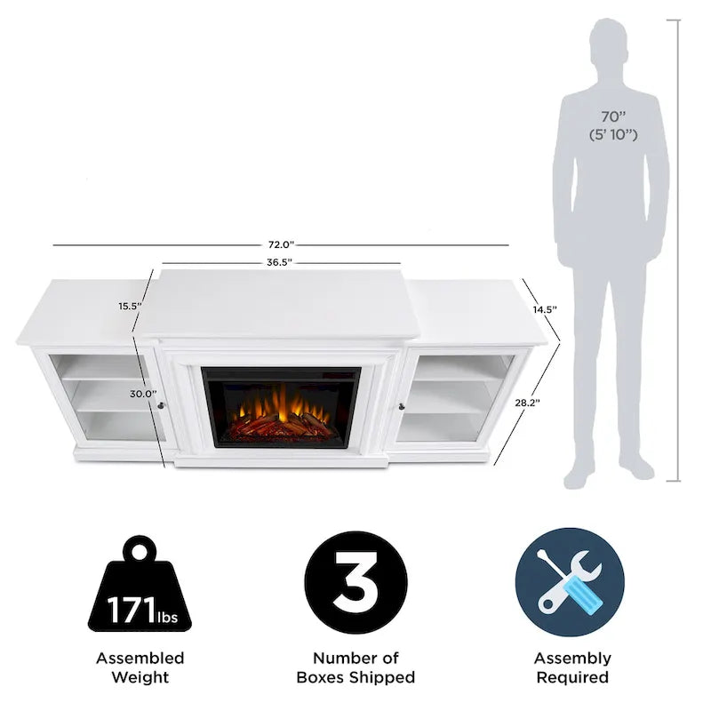 Frederick 72 Electric TV Stand Fireplace in White by Real Flame - 72L x 15.5W x 30H