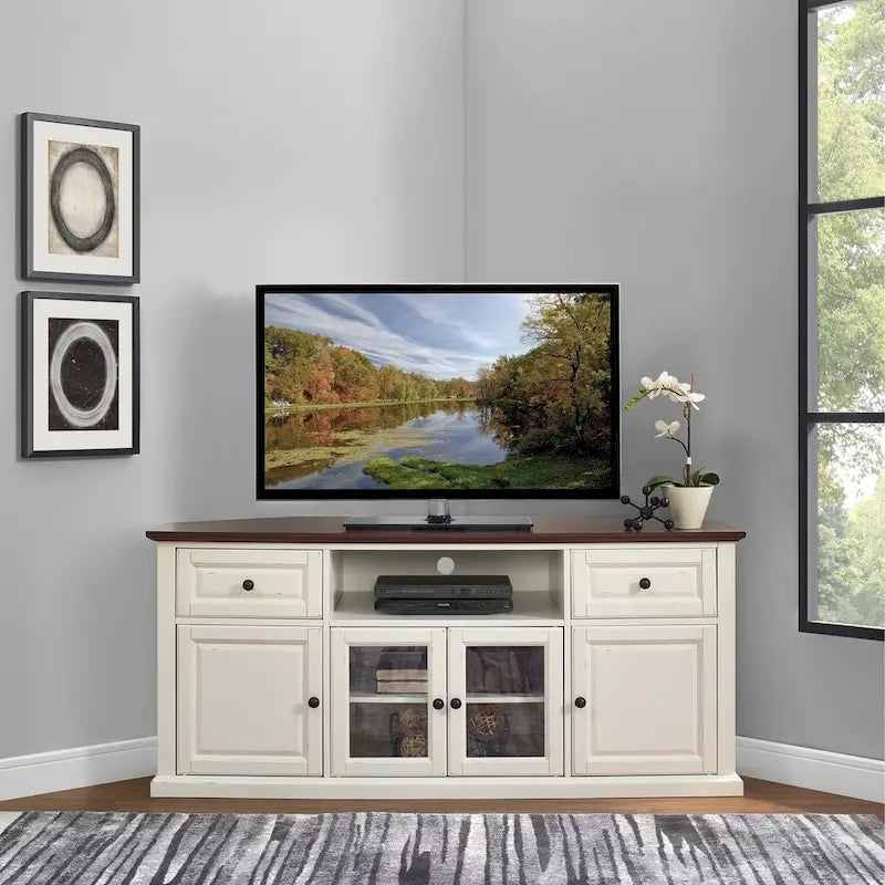 Crosley Shelby 60 Corner Tv Stand In White With Mahogany Top