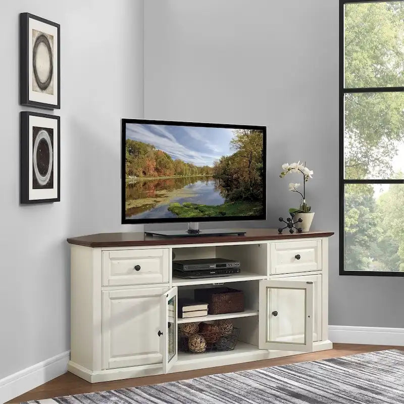 Crosley Shelby 60 Corner Tv Stand In White With Mahogany Top