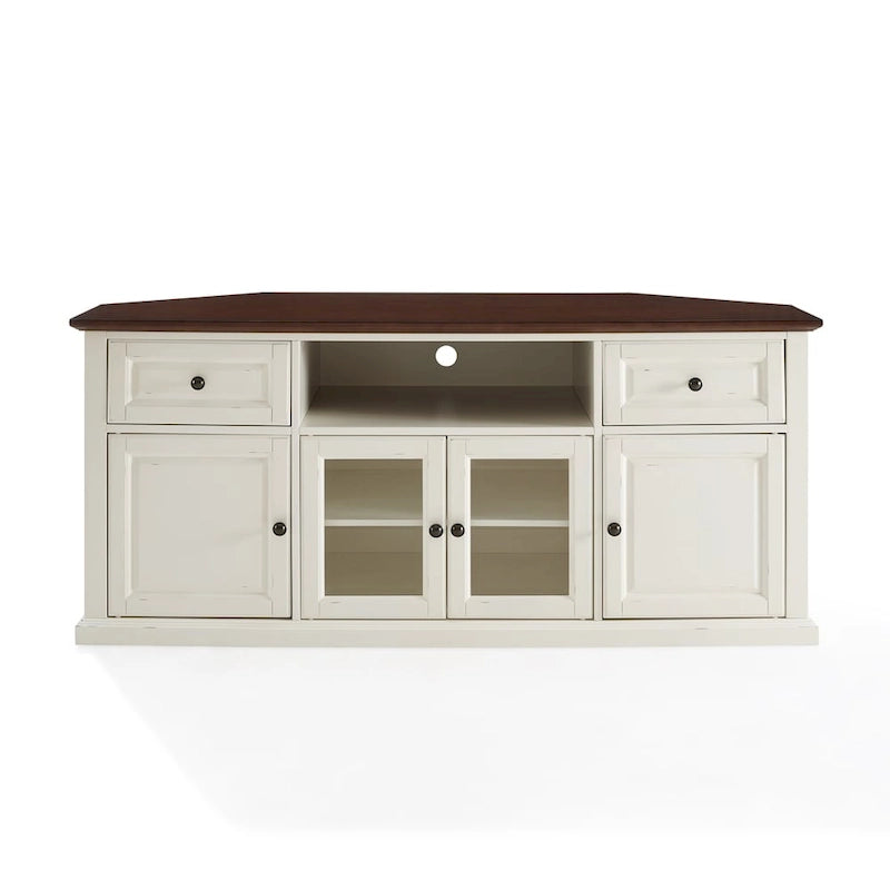 Crosley Shelby 60 Corner Tv Stand In White With Mahogany Top