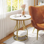 Round Side Table White Gold End Table 2-Tier End Table Modern Bedside Table Small Side Table with Storage for Living Room