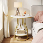 Round Side Table White Gold End Table 2-Tier End Table Modern Bedside Table Small Side Table with Storage for Living Room