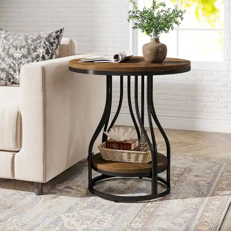 Round Side Table White Gold End Table 2-Tier End Table Modern Bedside Table Small Side Table with Storage for Living Room