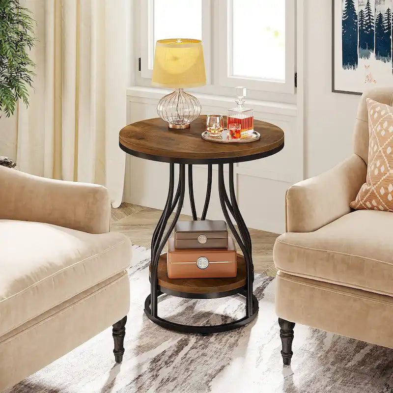 Round Side Table White Gold End Table 2-Tier End Table Modern Bedside Table Small Side Table with Storage for Living Room