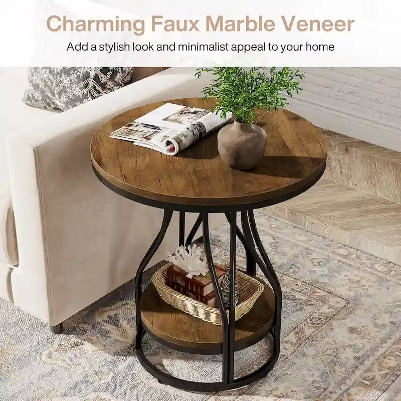Round Side Table White Gold End Table 2-Tier End Table Modern Bedside Table Small Side Table with Storage for Living Room