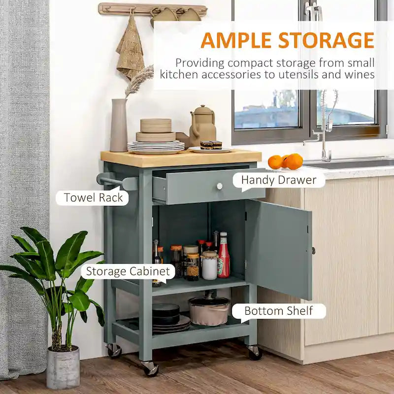 HOMCOM Utility Kitchen Cart, Rolling Kitchen Island with Smooth Rubberwood Top, Narrow Butcher Block Surface on Wheels