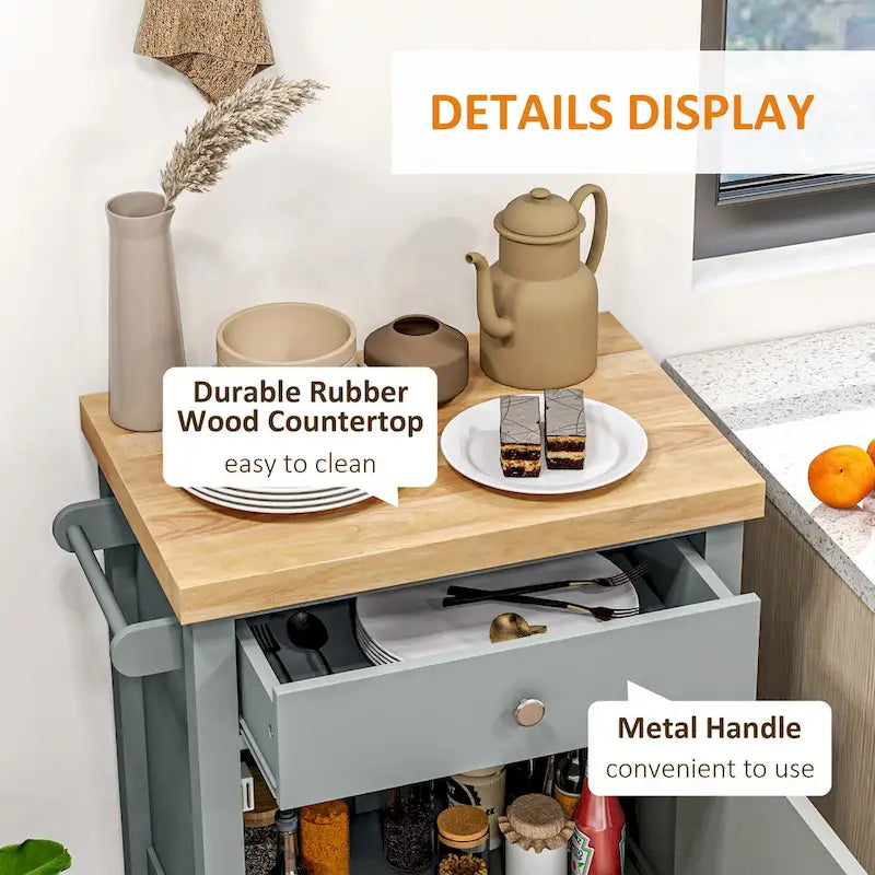 HOMCOM Utility Kitchen Cart, Rolling Kitchen Island with Smooth Rubberwood Top, Narrow Butcher Block Surface on Wheels